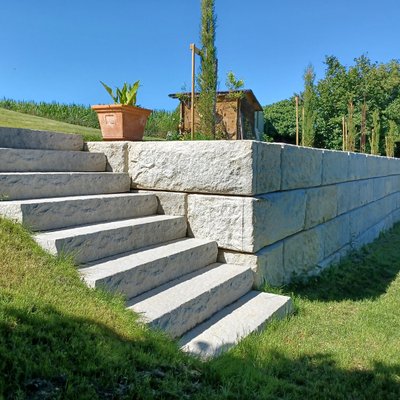 Stabile Gartenmauer mit integriertem Treppenaufgang – ideal für begradigte Hangflächen